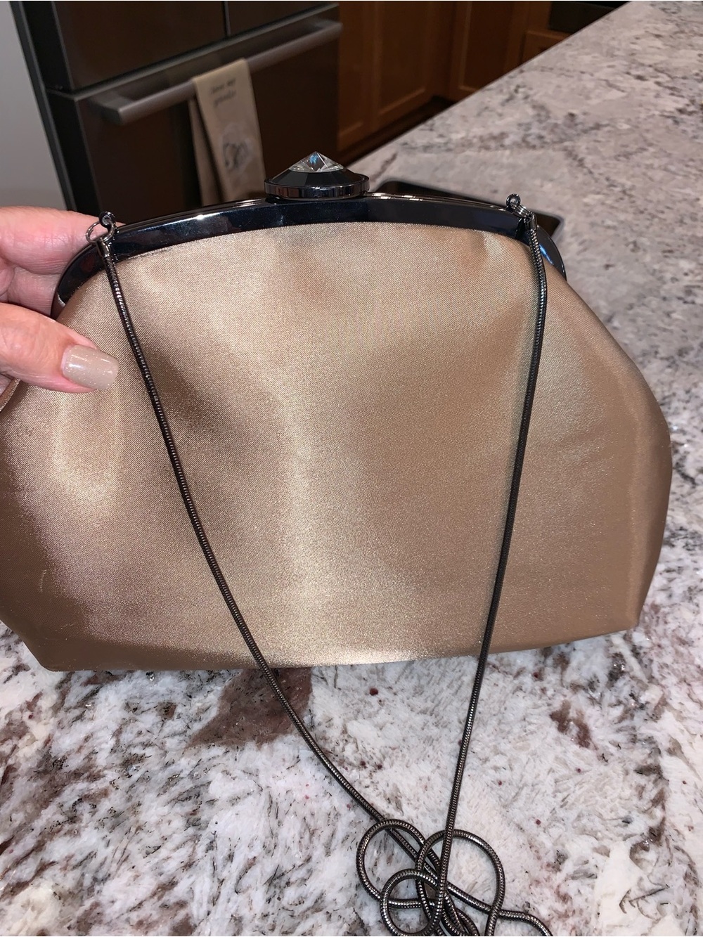 ❤️ Hinge evening bag. Gunmetal hardware with big rhinestone kiss lock never used